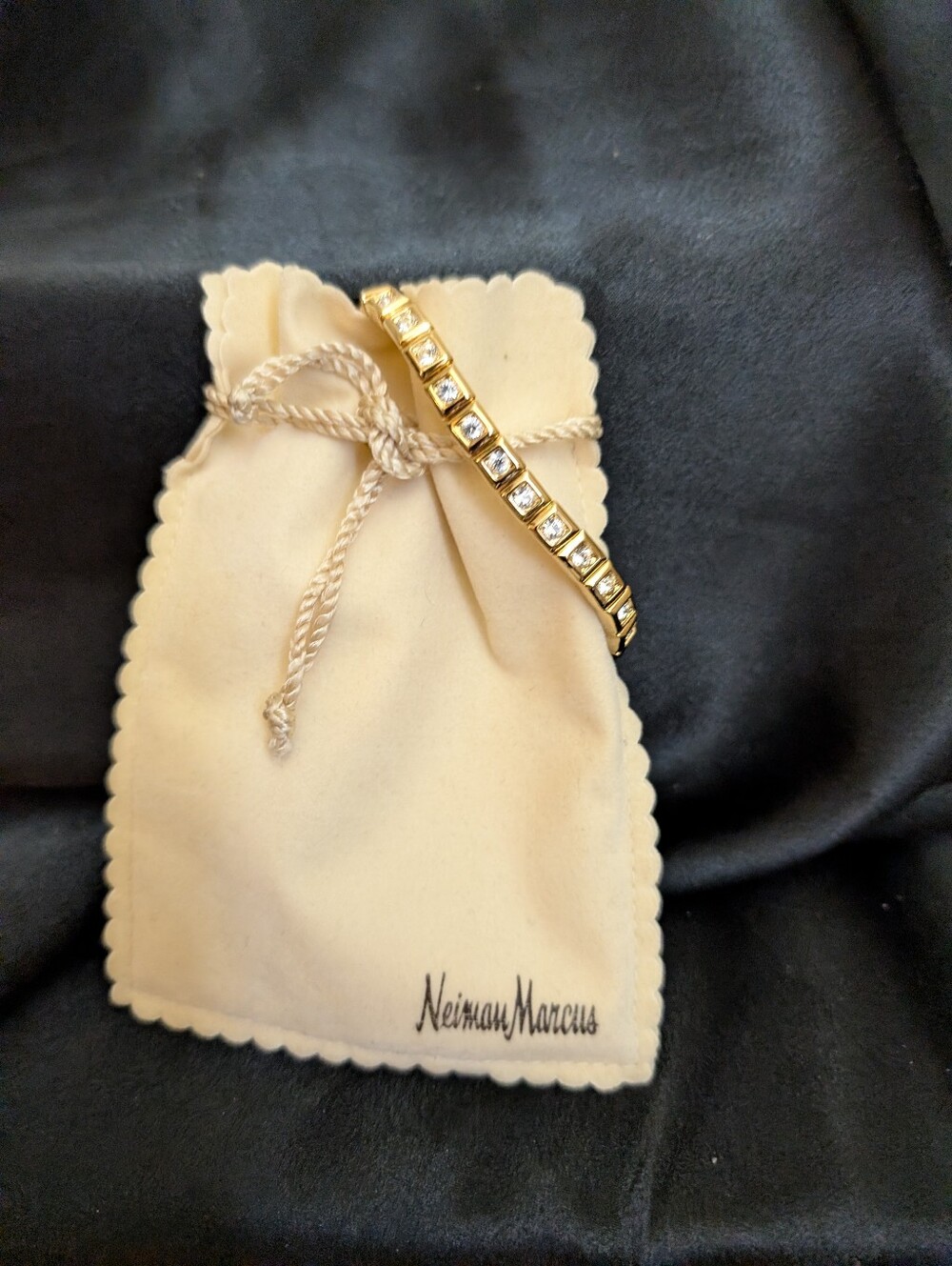 Vintage 80s Neiman Marcus Gold Plated and Clear Crystal Station Stretch Bracelet